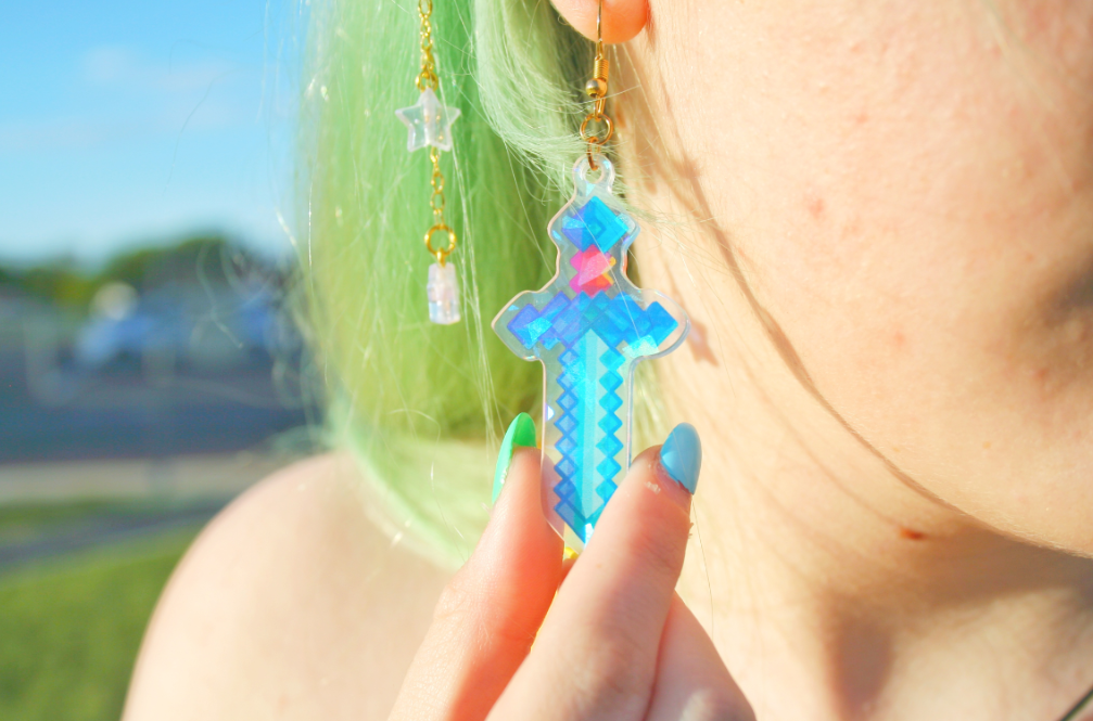 Holographic Video Game Inspired Diamond Enchanted Sword Earrings