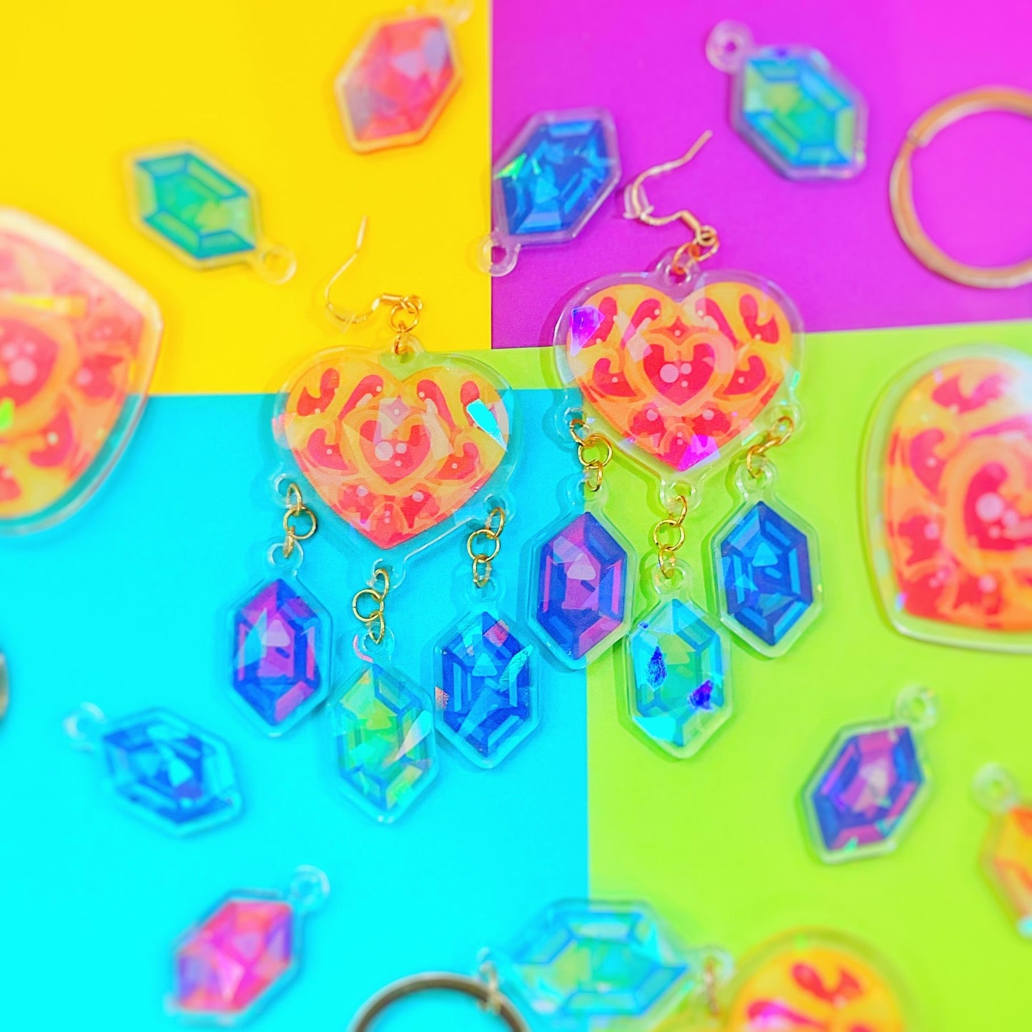 Holographic Heart Rupee Droplet Earrings