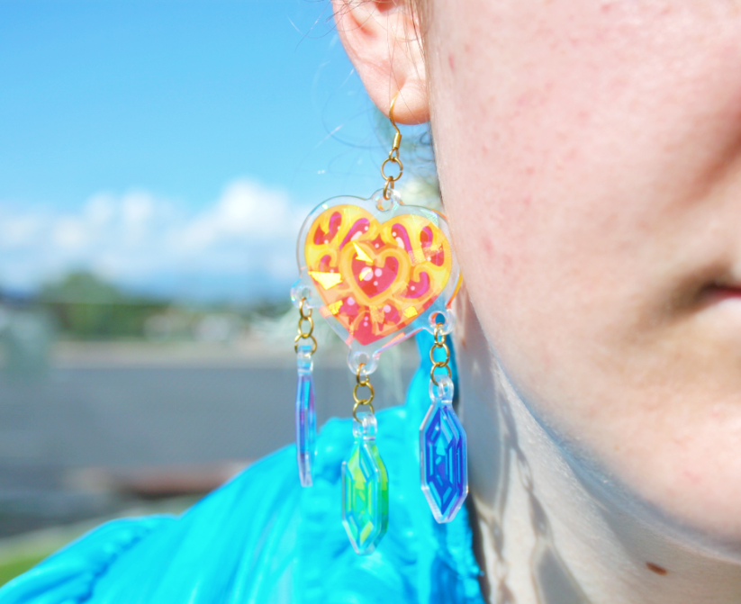 Holographic Heart Rupee Droplet Earrings